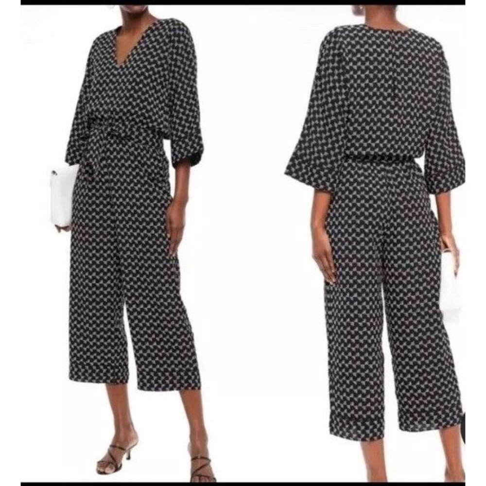 Joie Burgess Jumpsuit Sz Small Black Caviar Printed Wide Leg Bell Sleeve Keyhole